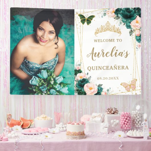 Smaragdgroen Blush Bloemen Quinceañera Achtergrond Spandoek (Feest)