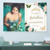 Smaragdgroen Blush Bloemen Quinceañera Achtergrond Spandoek (Beurs)