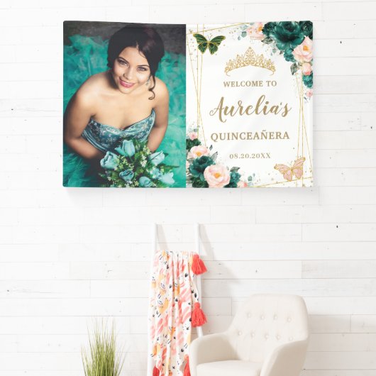 Smaragdgroen Blush Bloemen Quinceañera Achtergrond Spandoek (Insitu)