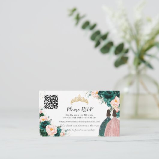 Smaragdgroen Blush Bloemen Twins Quinceañera QR Informatiekaartje (Staand voorkant)