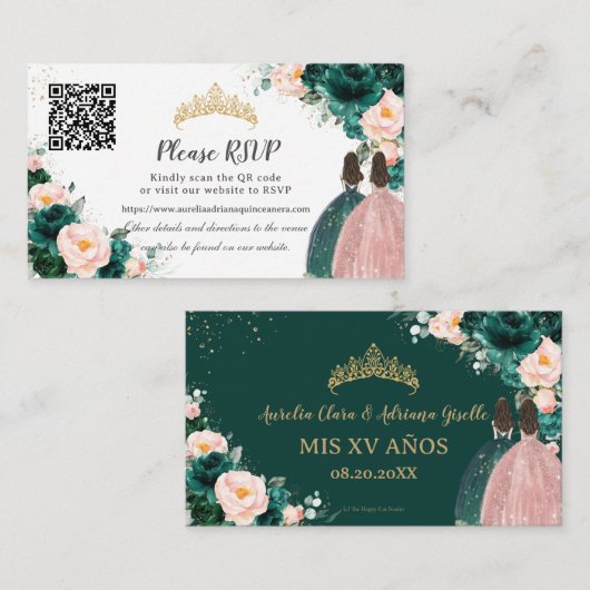 Smaragdgroen Blush Bloemen Twins Quinceañera QR Informatiekaartje (Voorkant / Achterkant)