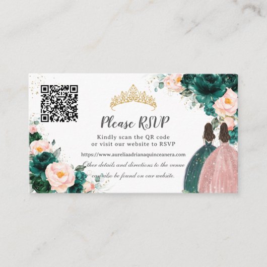 Smaragdgroen Blush Bloemen Twins Quinceañera QR Informatiekaartje (Voorkant)
