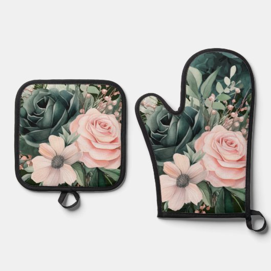 Smaragdgroen Blush Roze Bloemen Ovenwant & Pannenlap Set (Voorkant)