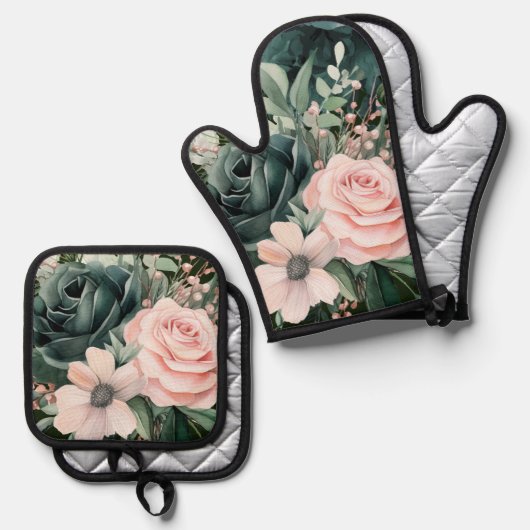 Smaragdgroen Blush Roze Bloemen Ovenwant & Pannenlap Set (Voorkant / Achterkant)