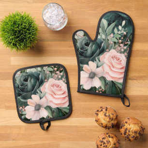 Smaragdgroen Blush Roze Bloemen Ovenwant & Pannenlap Set