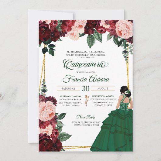 Smaragdgroen & bordeauxroze bloemig Quinceanera Kaart (Voorkant)