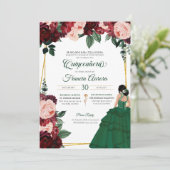 Smaragdgroen & bordeauxroze bloemig Quinceanera Kaart (Staand voorkant)