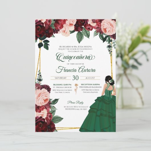 Smaragdgroen & bordeauxroze bloemig Quinceanera Kaart (Staand voorkant)