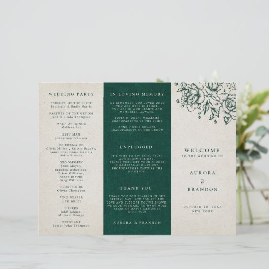 Smaragdgroen  Botanisch Huwelijksprogramma (Staand voorkant)