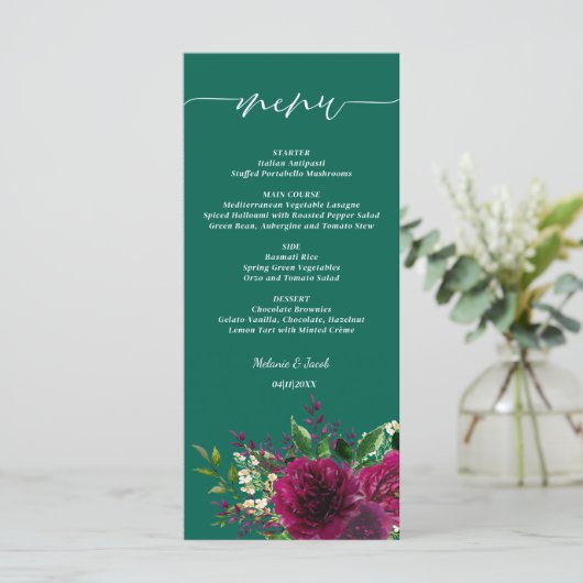 Smaragdgroen Bourgondië Floral bruiloft Menu (Staand voorkant)
