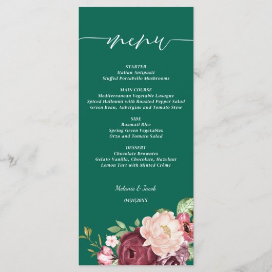 Smaragdgroen Bourgondië Floral bruiloft Menu (Voorkant)