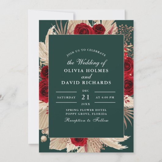 Smaragdgroen Bourgondië Rozen bruiloft uitnodiging (Voorkant)