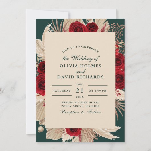 Smaragdgroen Bourgondië Rozen bruiloft uitnodiging (Voorkant)