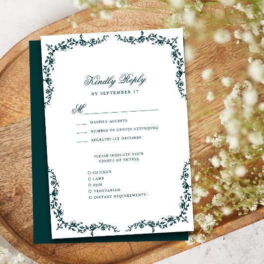 Smaragdgroen Elegant  Bloemen Bruiloft RSVP Kaartje