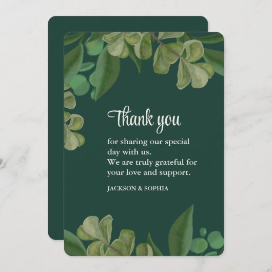 Smaragdgroen Elegant rustiek groen blad weelderig Bedankkaart (Voorkant / Achterkant)