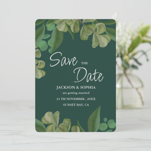 Smaragdgroen Elegant rustiek groen blad weelderig Save The Date (Staand voorkant)