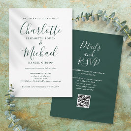 Smaragdgroen Elegant Script QR Code Bruiloft Kaart