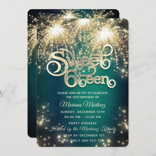 Smaragdgroen elegant vuurwerk gouden schittering kaart (Voorkant / Achterkant)