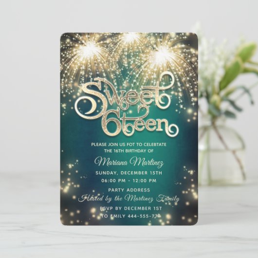 Smaragdgroen elegant vuurwerk gouden schittering kaart (Staand voorkant)