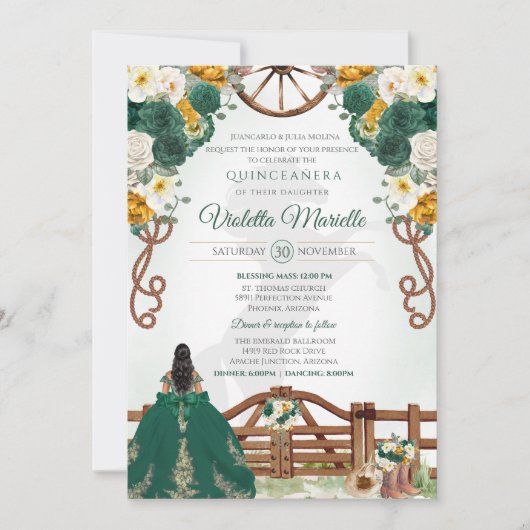 Smaragdgroen Elegant Western Charro Quinceanera Kaart (Voorkant)
