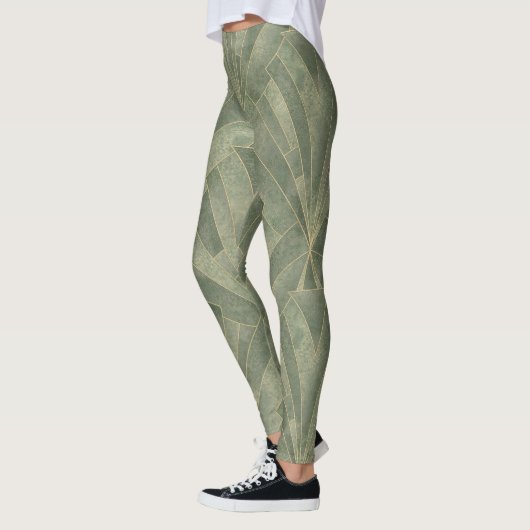 Smaragdgroen en Goud Art Deco Patroon Leggings (Links)