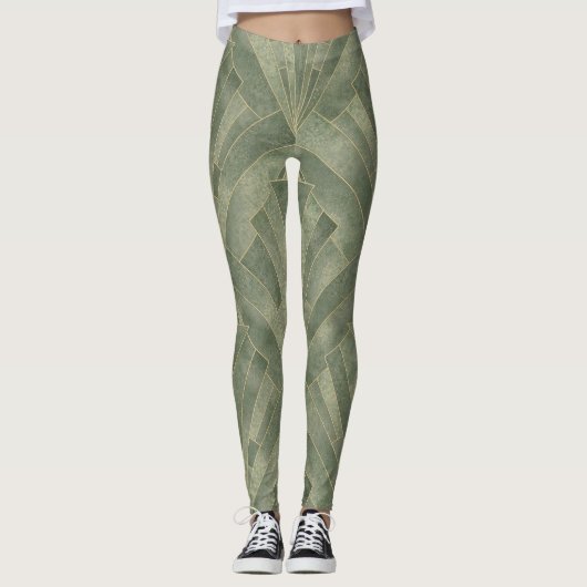 Smaragdgroen en Goud Art Deco Patroon Leggings (Voorkant)