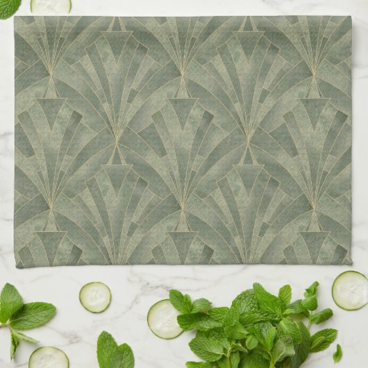 Smaragdgroen en Goud Art Deco Patroon Theedoek (Gevouwen)