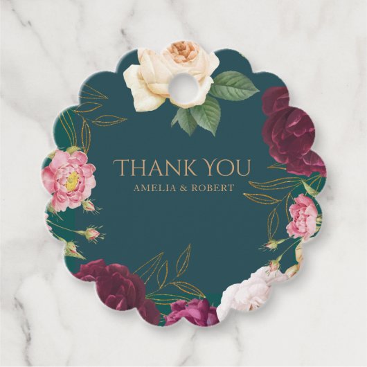 Smaragdgroen en goud Bloemen bruiloft Bedankjes Labels (Voorkant)