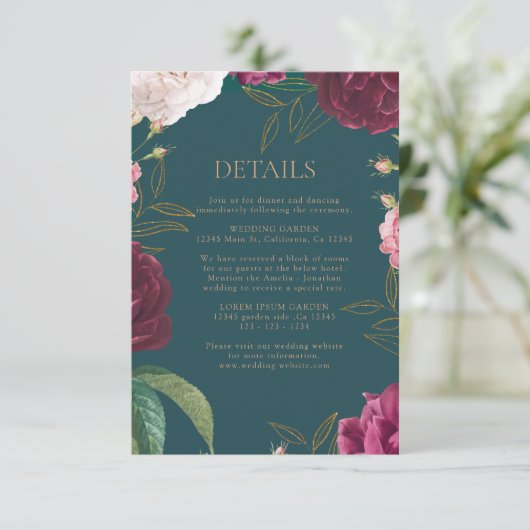 Smaragdgroen en goud Bloemen bruiloft Informatiekaartje (Staand voorkant)