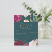 Smaragdgroen en goud Bloemen bruiloft RSVP Kaartje (Staand voorkant)