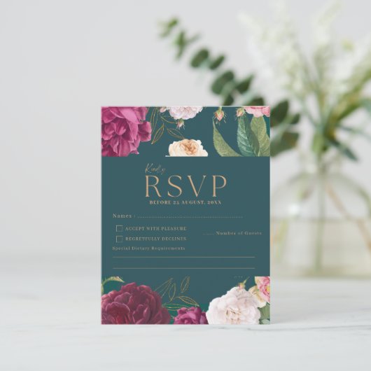 Smaragdgroen en goud Bloemen bruiloft RSVP Kaartje (Staand voorkant)
