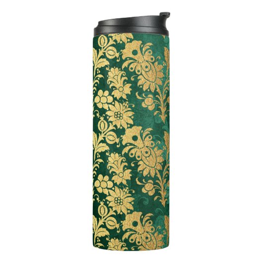 Smaragdgroen en Goud  Bloemen Damask Thermosbeker (Gedraaid links)