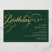Smaragdgroen en goud | Elegant Script Verjaardag Folie Uitnodiging (Voorkant)