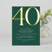 Smaragdgroen en goud | Elegante 40e verjaardag Folie Uitnodiging (Staand Voorkant)