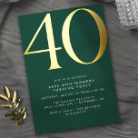 Smaragdgroen en goud | Elegante 40e verjaardag Folie Uitnodiging<br><div class="desc">Moderne stijl 40e verjaardagsuitnodigingen met kop "40" tekst in echte metallic folie. Uw evenementgegevens worden in mat wit afgedrukt. Gouden accenten op smaragdgroen.</div>