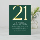 Smaragdgroen en goud | Moderne 21e verjaardag Folie Uitnodiging (Staand Voorkant)