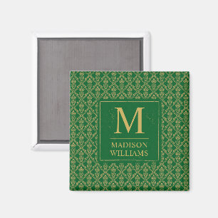 Smaragdgroen en goud naadloos damastpatroon magneet