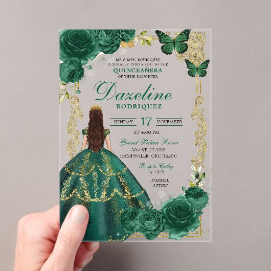 Smaragdgroen en goud Prinses Quinceañera Acryl Uitnodigingen (Insitu (Draagbaar))