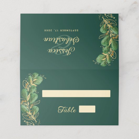 Smaragdgroen en gouden juweel Toon bruiloft Plaatskaartje (Buitenkant ongevouwen)