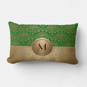 Smaragdgroen en gouden monogram damast ontwerp kussen