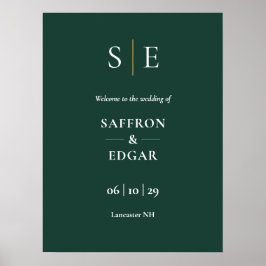 Smaragdgroen en gouden monogram huwelijks welkomst poster