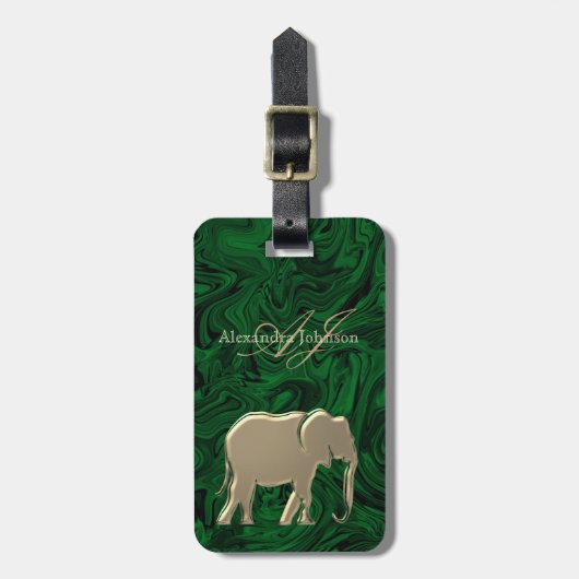 Smaragdgroen en gouden olifant met monogram bagagelabel (Voorkant verticaal)