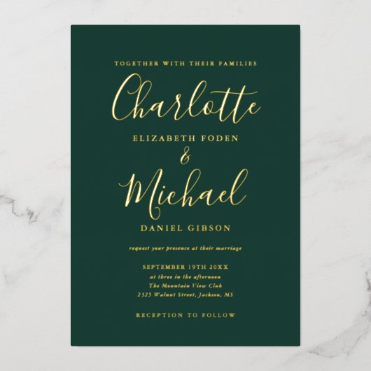 Smaragdgroen en gouden script bruiloft goud folie uitnodiging (Voorkant)