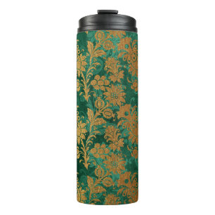 Smaragdgroen en gouden vintage bloemendamask thermosbeker
