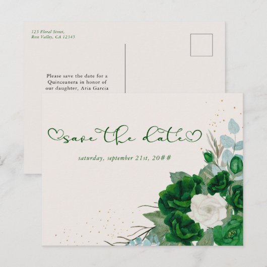 Smaragdgroen en Ivoor Roos Bloemen Save the Date Aankondigingskaart (Voorkant / Achterkant)