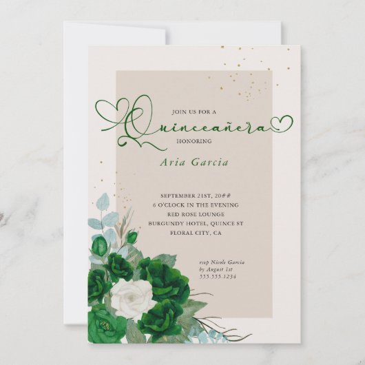 Smaragdgroen en Ivoor Rozen Elegant Quinceanera Kaart (Voorkant)