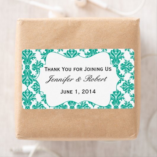 Smaragdgroen en wit Damast Water Flessenetiket Etiket (Insitu)