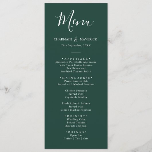 Smaragdgroen en wit huwelijksmenu menu (Voorkant)