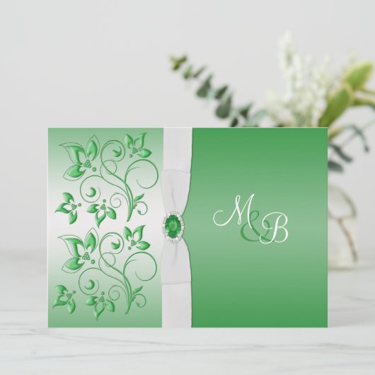Smaragdgroen en wit II Monogram Uitnodigen Kaart (Staand voorkant)