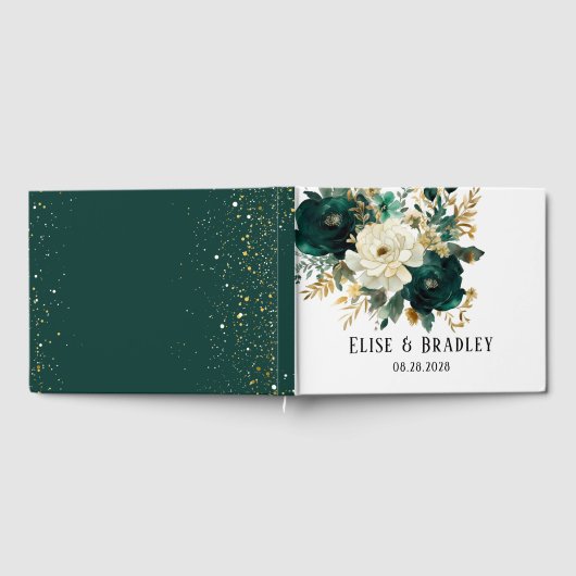Smaragdgroen en witgouden pioenrozen bruiloft gastenboek (Volledig)